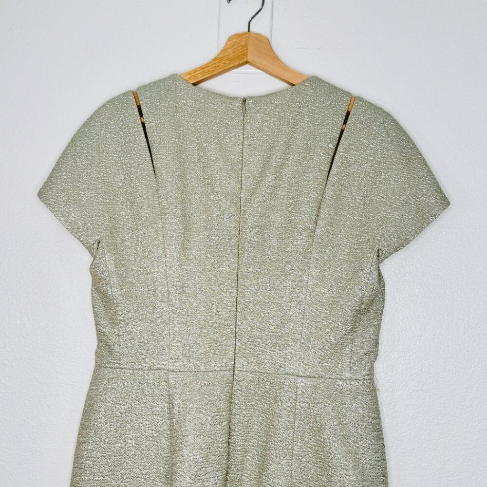 ESCADA Jacquard Metallic Sheath Dress Light Sand Shoulder Details SZ 40 /US 10 - Picture 7 of 14